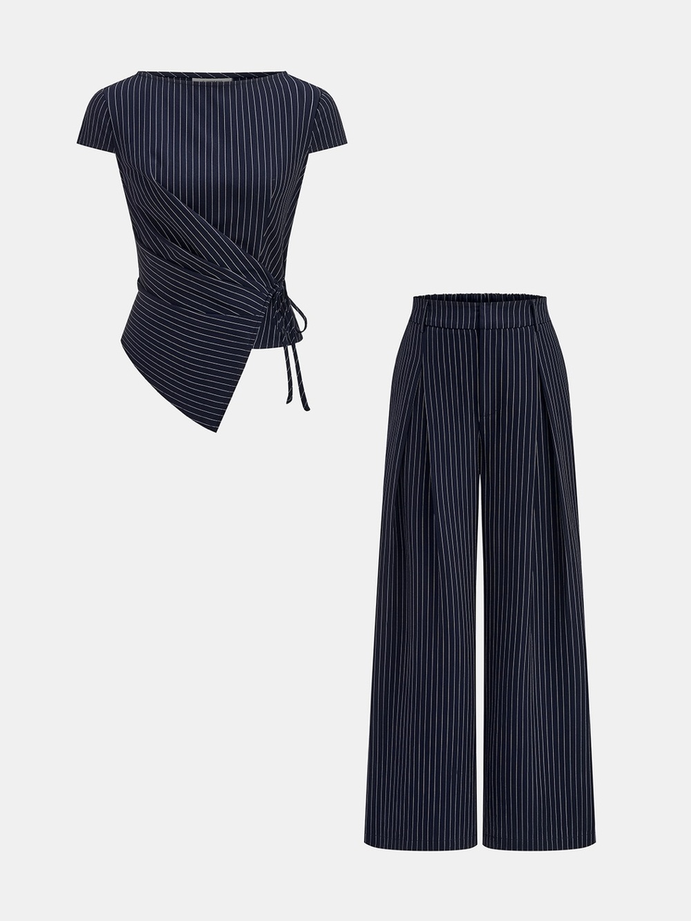 Commense Pinstripe Wrap Tie Top & Wide-Leg Pants Set in Navy size Large. NWT
